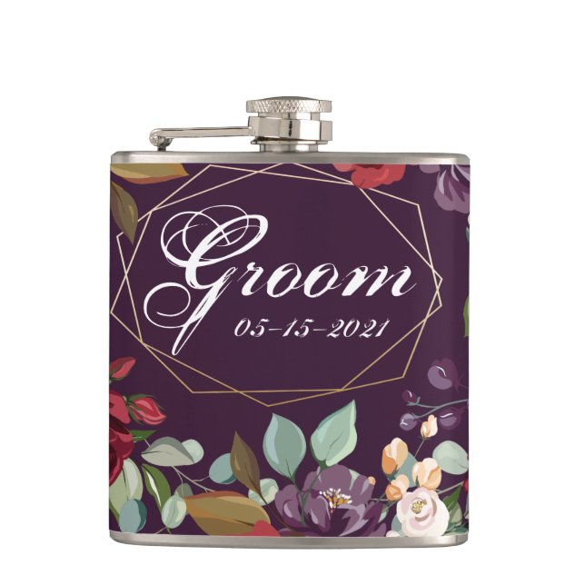 Groom Whiskey Flask Plum Purple Roses Gold Geometr (Front)