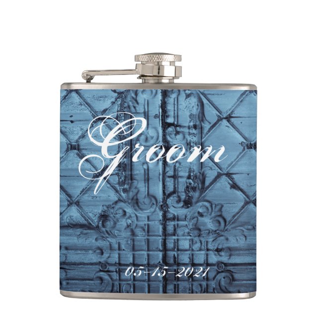 Groom Whiskey Flask Rustic Tin Panel Ceiling Count (Front)