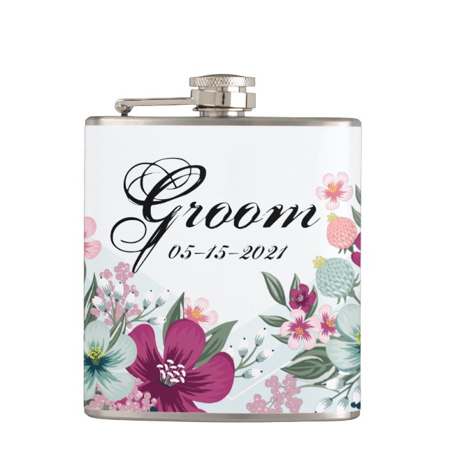 Groom Whiskey Flask Tropical Flowers on Blue Ombre (Front)