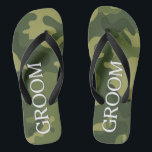 Groom with Green Camoflauge Pattern Flip Flops<br><div class="desc">A manly design that is perfect for a wedding or bachelor party.</div>