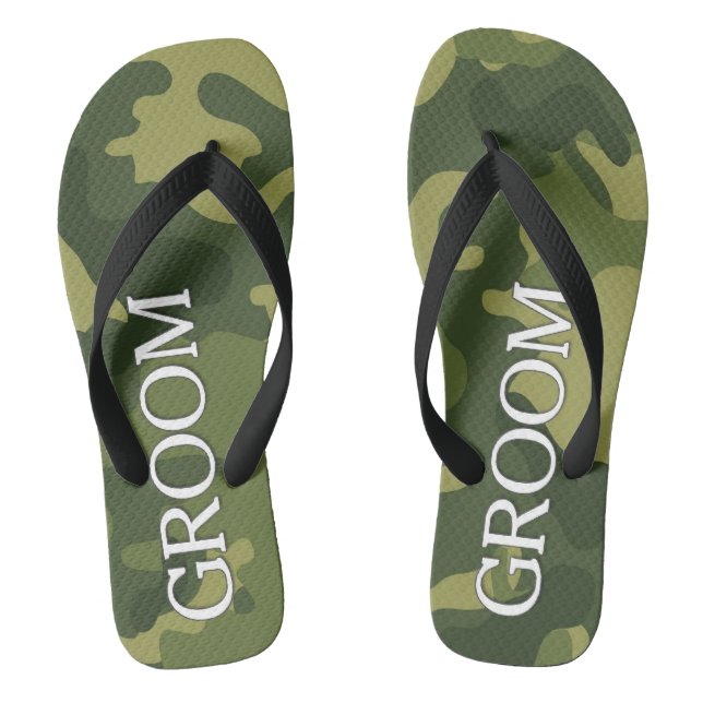 Groom with Green Camoflauge Pattern Flip Flops (Footbed)