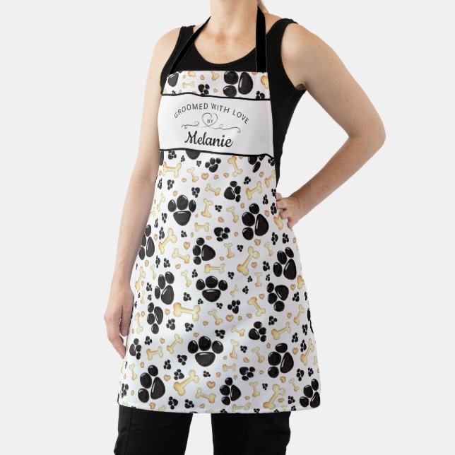 GROOMED WITH LOVE Paw Print Dog Groomer Name Apron (Insitu)