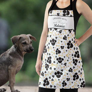 GROOMED WITH LOVE Paw Print Pattern Dog Groomer Apron