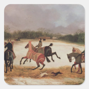 Grooms exercising racehorses square sticker