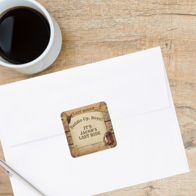 Groom's Name Last Rodeo Cowboys Saddle Up Boys Square Sticker (Groom's Name Last Rodeo Cowboys Saddle Up Boys Square Sticker)