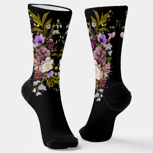 grooms Purple Floral Bouquet on Black Socks (Angled)