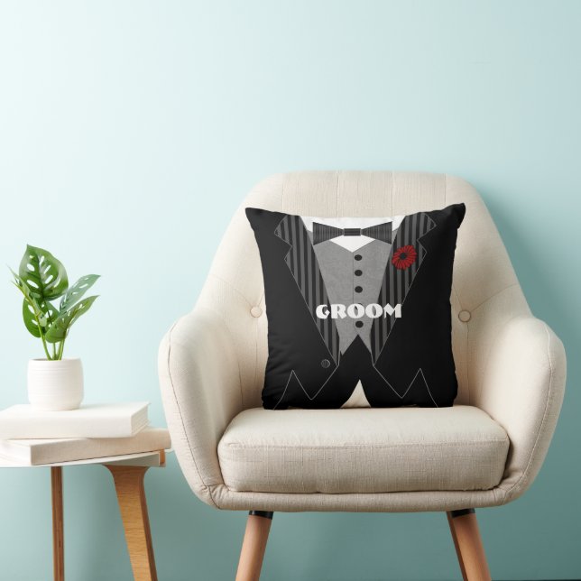 Grooms Tuxedo Pillow-Choose Flower Colour Throw Pillow (Chair)