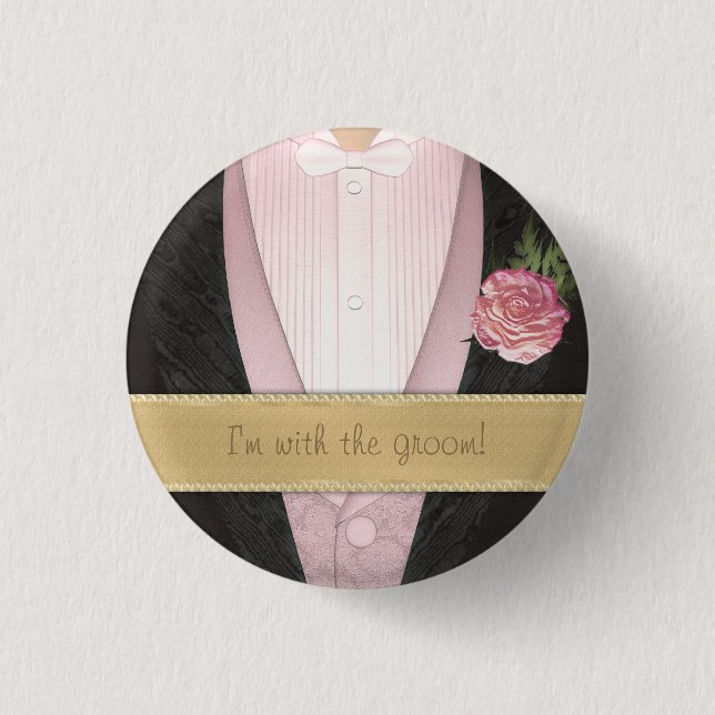 Grooms Tuxedo (pink) Custom Wedding 1 Inch Round Button (Front)