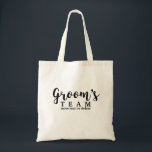 Groom's Wedding Team, Crew, Squad, Modern Script Tote Bag<br><div class="desc">Groom's Team or Bride's Team? Either way, your bridal party and guests are sure to love this fun personalized tote bag! A fun trendy script font adorns the front of the bag and below there's space for two lines of custom text - add the wedding date, location, etc. You can...</div>