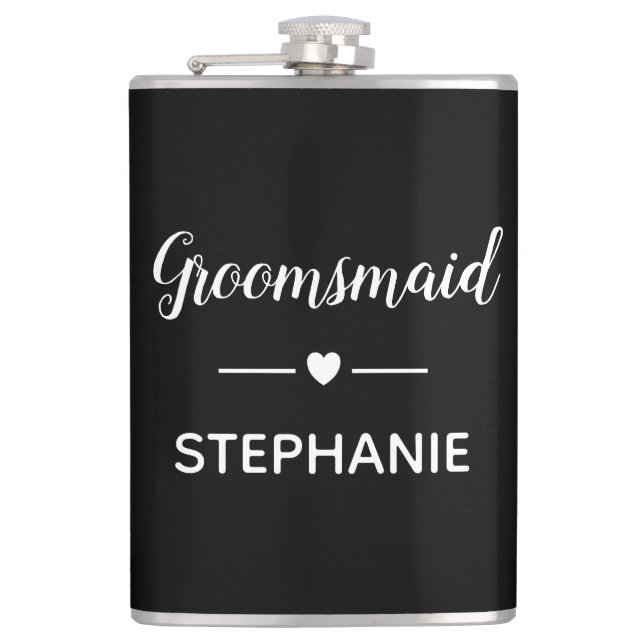 Groomsmaid White On Black Personalized Wedding Hip Flask (Front)
