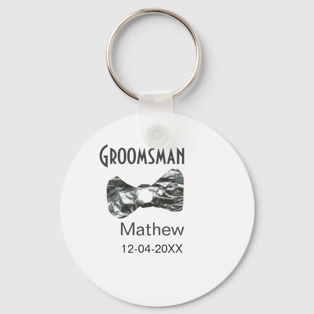 Groomsman add name date year grey collar bow text keychain (Front)