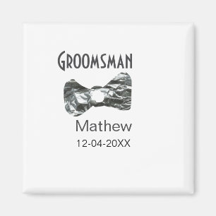 Groomsman add name date year grey collar bow text magnet