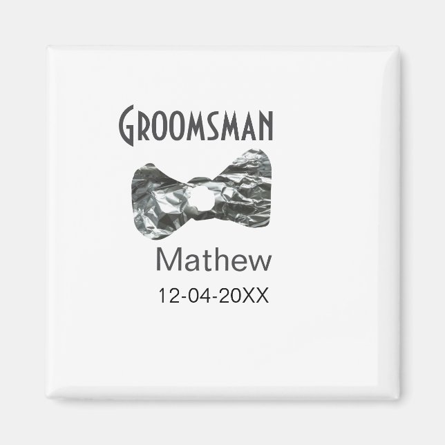 Groomsman add name date year grey collar bow text magnet (Front)