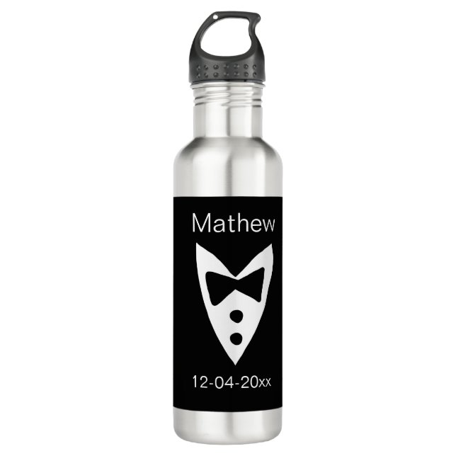 groomsman add name year black bow shirt tie tuxedo 710 ml water bottle (Front)