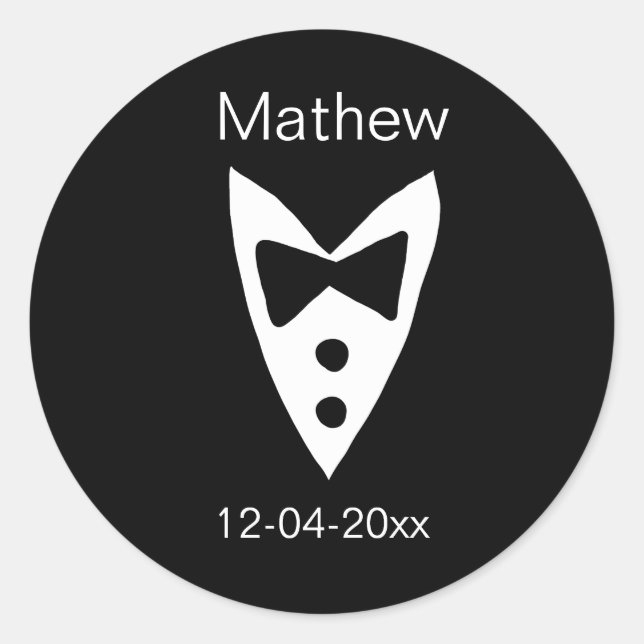 groomsman add name year black bow shirt tie tuxedo classic round sticker (Front)