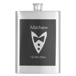groomsman add name year black bow shirt tie tuxedo hip flask