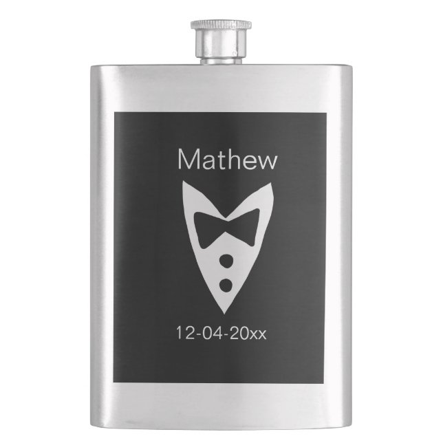 groomsman add name year black bow shirt tie tuxedo hip flask (Front)