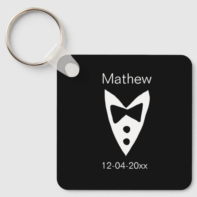 groomsman add name year black bow shirt tie tuxedo keychain (Front)