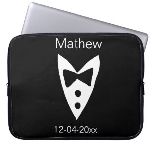 groomsman add name year black bow shirt tie tuxedo laptop sleeve