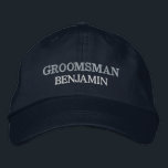 Groomsman Bachelor Party Wedding Role Custom Embroidered Hat<br><div class="desc">Add a name and the role to play at the wedding by clicking the "Personalized" button. This chic and stylish cap serves as the perfect memento of a memorable getaway with your favourite buddies. The front of the cap showcases a captivating sports-inspired "Groom" typography that perfectly captures the fun and...</div>