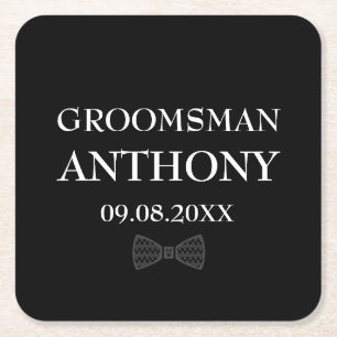 Groomsman Black Elegant Custom Name Gifts Wedding Square Paper Coaster