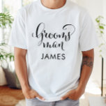 Groomsman Black Script Personalized Wedding T-Shirt<br><div class="desc">Wedding Groomsman shirt features modern black swirling calligraphy script writing with elegant custom first name text that you can personalize. See our coordinating bridal party designs!</div>