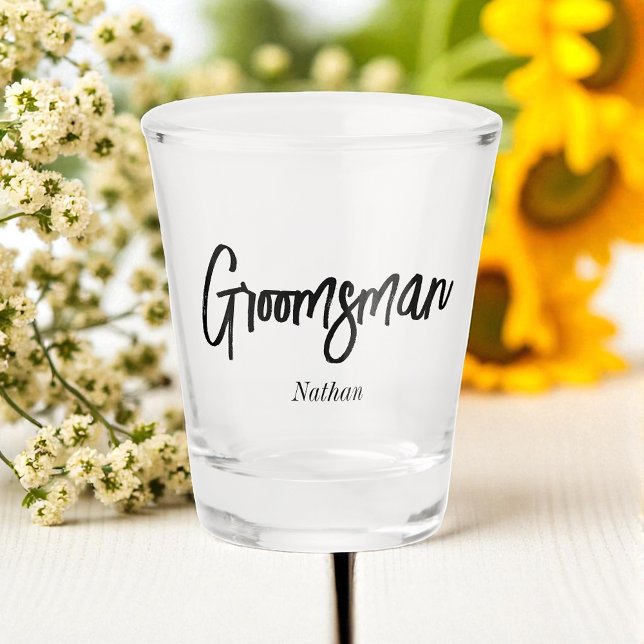 Groomsman Black White Script Wedding   Shot Glass (Creator Uploaded)