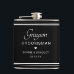 Groomsman Custom Personalised Wedding Party  Hip Flask<br><div class="desc">Groomsman Custom Personalised Name Wedding Party Flask features the groomsman's name with the bridal couple's names and wedding date accented with a small love heart. Custom made for the groomsman. Designed by ©2024 Evco Studio www.zazzle.com/store/evcostudio</div>