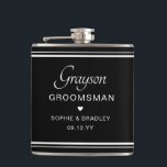 Groomsman Custom Personalised Wedding Party  Hip Flask<br><div class="desc">Groomsman Custom Personalised Name Wedding Party Flask features the groomsman's name with the bridal couple's names and wedding date accented with a small love heart. Custom made for the groomsman. Designed by ©2024 Evco Studio www.zazzle.com/store/evcostudio</div>
