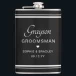 Groomsman Custom Personalised Wedding Party  Hip Flask<br><div class="desc">Groomsman Custom Personalised Name Wedding Party Flask features the groomsman's name with the bridal couple's names and wedding date accented with a small love heart. Custom made for the groomsman. Designed by ©2024 Evco Studio www.zazzle.com/store/evcostudio</div>