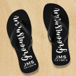 Groomsman Custom Wedding Favour Modern Monogram Flip Flops<br><div class="desc">Your groomsman will love this custom wedding thank you gift/favour with a modern script font. Add his name or monogram and another line of text (date, wedding location, etc.) Easily change the background colour to match your wedding colours - just click on "customize it" and then the choose your colour...</div>
