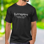 Groomsman Custom Wedding Favour Modern Monogram T-Shirt<br><div class="desc">Your groomsman will love this custom wedding thank you gift/favour with a modern script font. Add his name or monogram and another line of text (date, wedding location, etc.) Easily change the background colour to match your wedding colours - just click on "customize it" and then the choose your colour...</div>