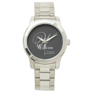 Groomsman Elegant Grey Monogram White Detail Black Watch