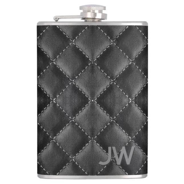 Groomsman Embossed Monogram Black Leather Hip Flask (Front)