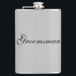 Groomsman Flask<br><div class="desc">Flask for the groomsman is shown in a grey colour with black text. 
Customize this item or buy as is.</div>