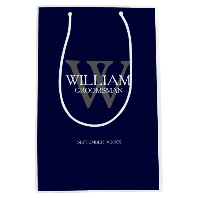 Groomsman Gift Elegant Monogram And Name Navy Blue Medium Gift Bag (Front)