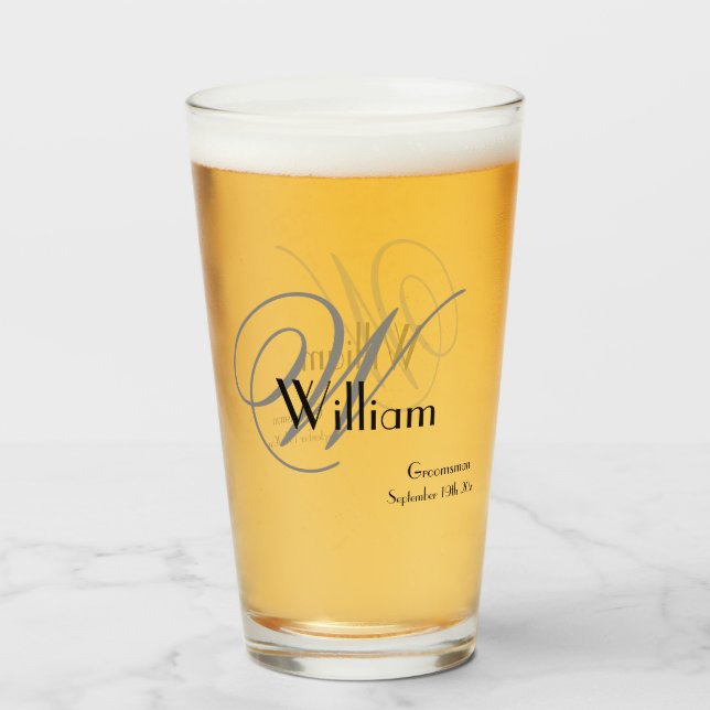 Groomsman Gift Elegant Monogram Name Date Beer  Glass (Back Filled)