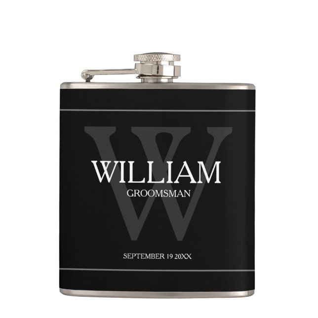 Groomsman Gift Modern Monogram Name Black Hip Flask (Front)