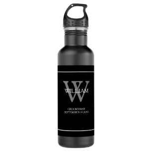 Groomsman Gift modern monogram script cool black 710 Ml Water Bottle