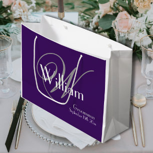 Groomsman Gift - Monogram + Name Purple White Grey Large Gift Bag