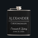 Groomsman Liquor Flask Wedding Favour Gift<br><div class="desc">This flask is the perfect way to thank your groomsmen,  members of the wedding party or other special guests. The text is fully customizable with a place to enter your groomsman's name,  the title (Groomsman,  Best Man,  Father of the Bride,  etc.) the wedding couple's name,  and wedding date.</div>