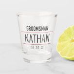 Groomsman Modern Red Black Typography Monogram Shot Glass<br><div class="desc">This cool and modern Groomsman typography shot glass design is the perfect gift for the Groom's bridal party. It features simple red line separators and black typography with a personalized date and monogram name. Customize the text colour by clicking the "customize" button to access more options. ***IMPORTANT DESIGN NOTE: For...</div>