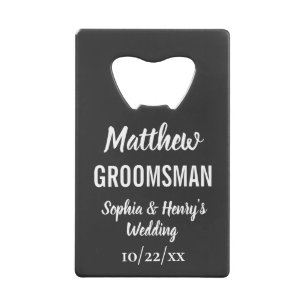 Groomsman Modern Typography Black Wedding Credit Card Bottle Opener