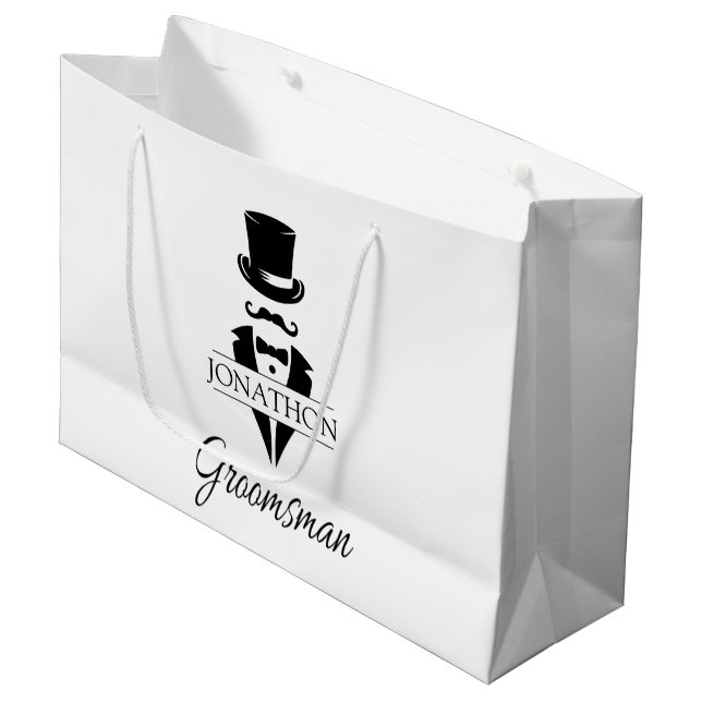 Groomsman Name Black Tie Moustache Large Gift Bag (Front Angled)