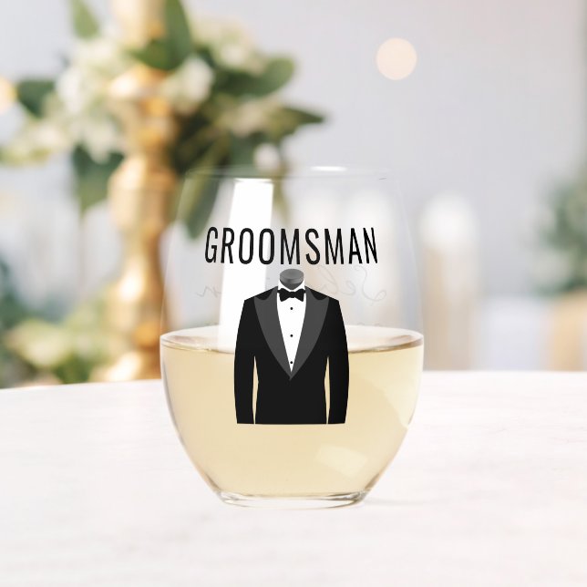 Groomsman Name Black Tuxedo Wedding Date Stemless Wine Glass (Insitu (Wedding))