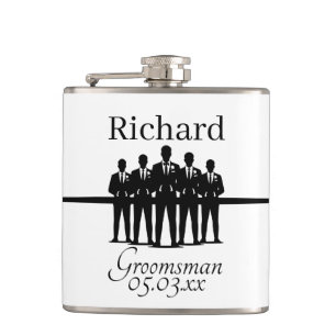 Groomsman Name Date Suit Silhouette Wedding Party Hip Flask