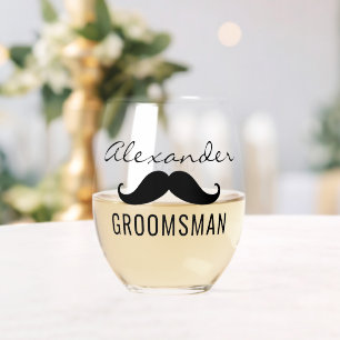 Groomsman Name Moustache Wedding Date Stemless Wine Glass