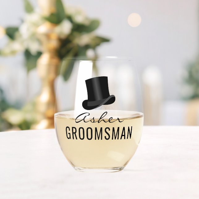 Groomsman Name Top Hat Wedding Date Stemless Wine Glass (Insitu (Wedding))