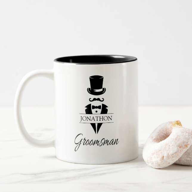 Groomsman Name Tuxedo Top Hat Two-Tone Coffee Mug (With Donut)