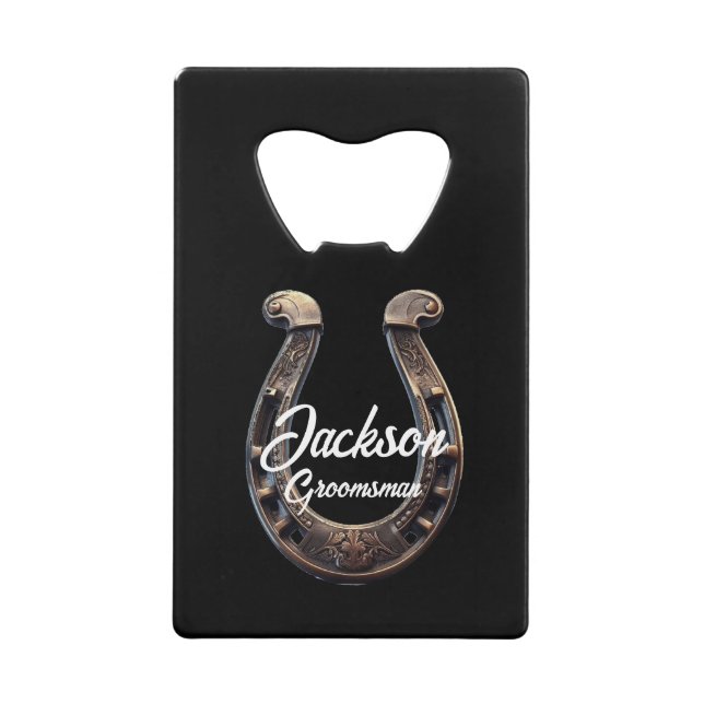 Groomsman Ornate Horseshoe Credit Card Bottle Opener (Front)